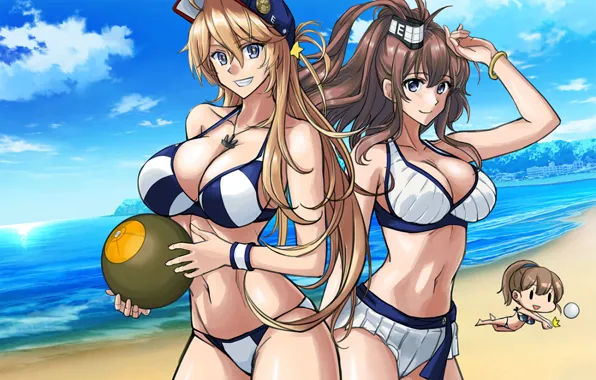 Sexy, cleavage, beach, shorts, long hair, sea, girls, boobs