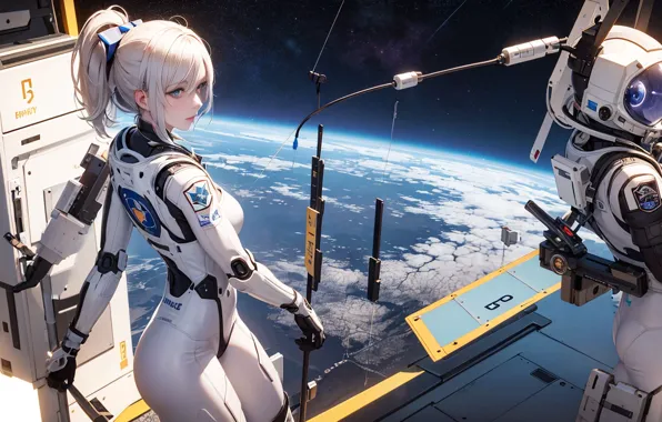 Картинка космос, блондинка, костюм, space, красивая девушка, spaceship, космический корабль, beautiful girl