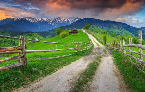 House, road, mountain, village