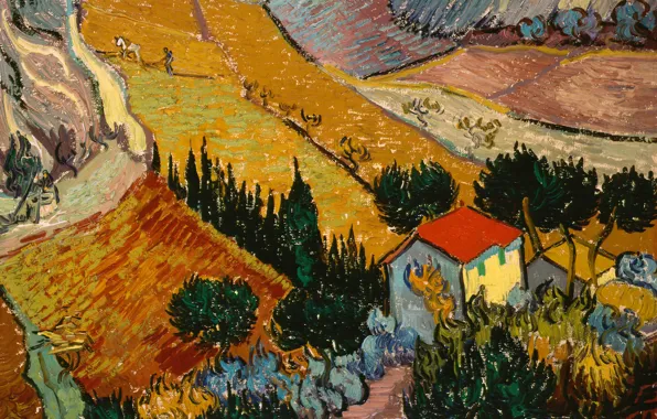 Пейзаж, картина, Винсент ван Гог, Пейзаж с Домом и Пахарь