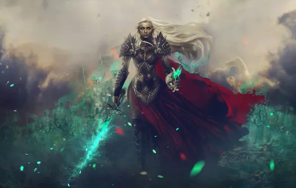 Картинка zombies, armor, long hair, women, wind, warrior, drawing, cape