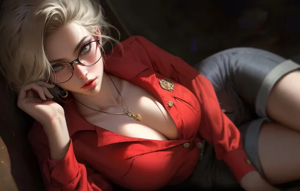 Картинка девушка, blonde, neckline, jean shorts, women with glasses, red shirt, Stable Diffusion, AI Art