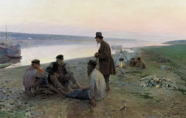 Река, масло, холст, старики, Алексей КОРИН, Бурлаки. 1897