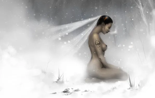 Картинка девушка, снег, тату, арт, фата, Skyrim, обнажена, Redguard