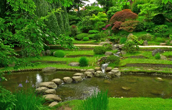 Картинка зелень, трава, деревья, пруд, камни, Франция, сад, кусты
