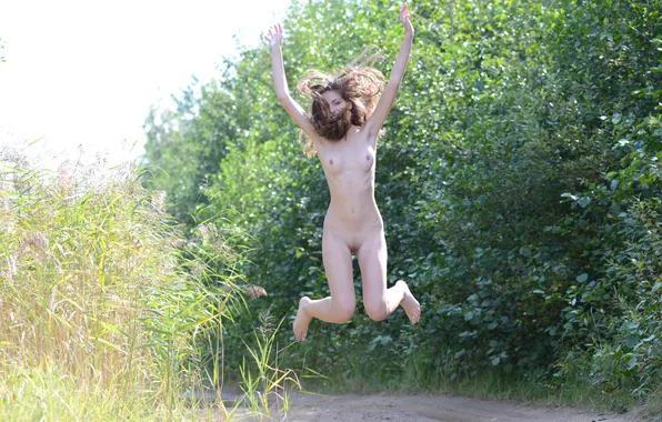 Girl, grass, sexy, erect nipples, long hair, legs, trees, pussy