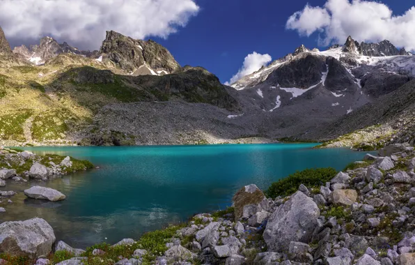 Картинка облака, пейзаж, горы, природа, озеро, камни, Кавказ