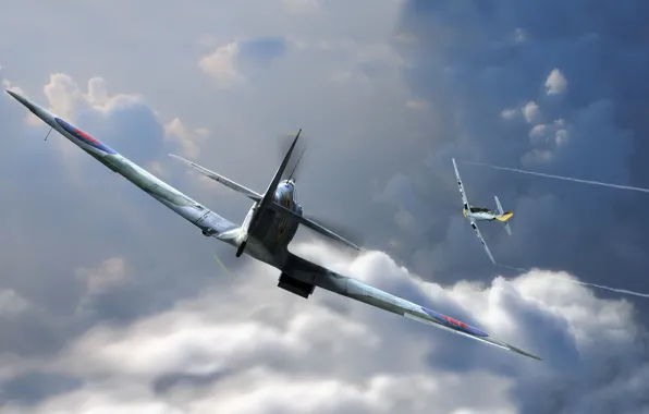 Авиация, графика, арт, Spitfire, bf-109, emil, man and machine