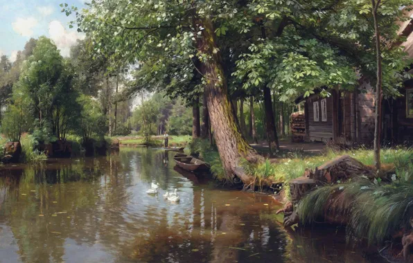 1914, датский живописец, Петер Мёрк Мёнстед, Peder Mørk Mønsted, Danish realist painter, Плывущий по реке, …