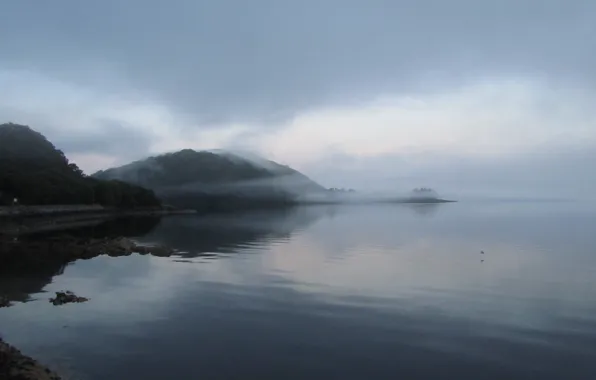 Картинка туман, озеро, восход, гора, Шотландия, mountain, lake, fog