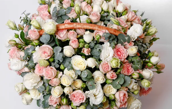 Корзина, розы, букет, бутоны, Roses, basket, эустома, роскошный