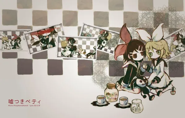 Девушки, чай, игрушка, бантики, vocaloid, Kagamine Rin, вокалоид