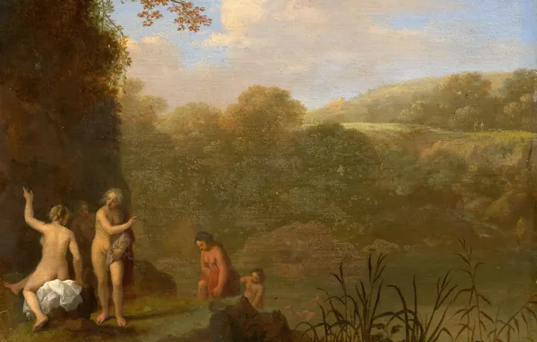 Эротика, масло, картина, мифология, Корнелис ван Пуленбург, Cornelis van Poelenburgh, Купание Девушки, 1667