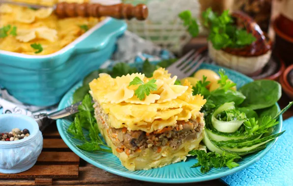 Зелень, начинка, макароны, запеканка