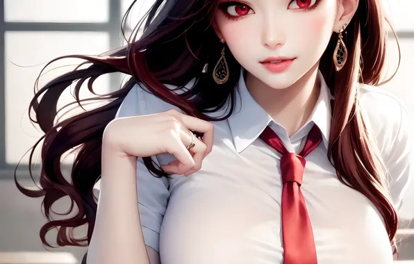 Картинка school uniform, red eyes, women, brunette, shirt, bent over, schoolgirl, vertical