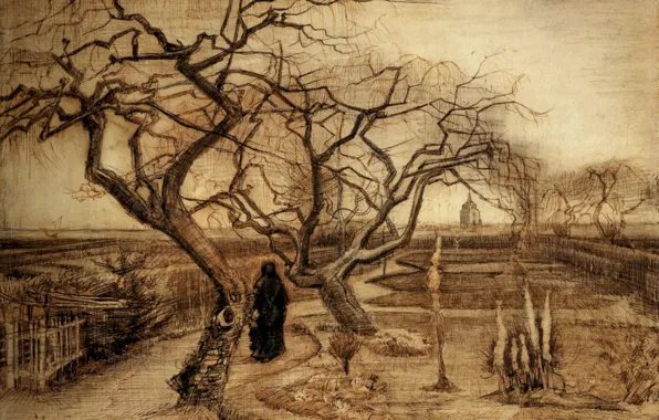 Картинка деревья, Винсент ван Гог, женщина в чёрном одеянии, Winter Garden