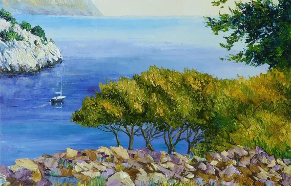 Картинка море, деревья, пейзаж, камни, скалы, берег, картина, яхта