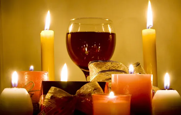 Вино, красное, бокал, свечи, огоньки