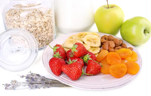 Картинка хлопья, мюсли с молоком и фруктами и свежими ягодами, Здоровый завтрак