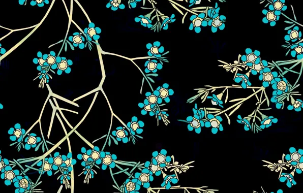 Картинка цветы, ветки, фон, черный, голубые, design, pattern