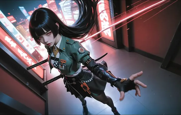 City, girl, night, samurai, cyberpunk, neon