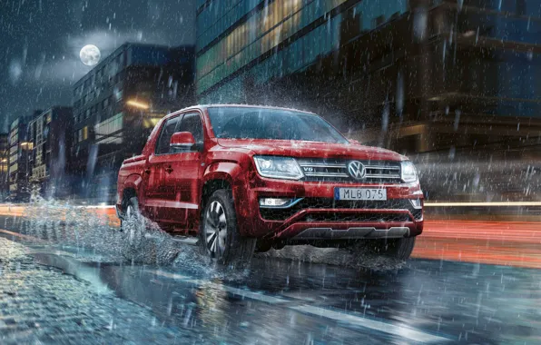 Красный, Ночь, Луна, Volkswagen, Дождь, Брызги, Пикап, Amarok