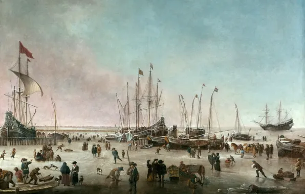 Люди, берег, лодка, корабль, картина, морской пейзаж, Hendrick Dubbels, Амстердамский Порт Зимой