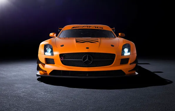 Оранжевый, Mercedes-Benz, AMG, SLS, GT3, front, orange, мерседес бенц