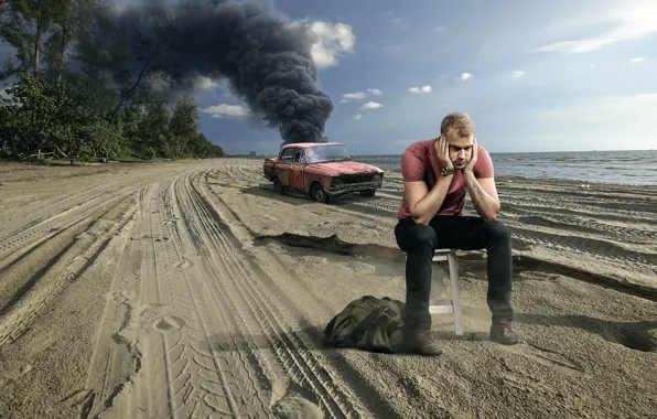 Картинка авария, пляж, дым, парень, автомобиль