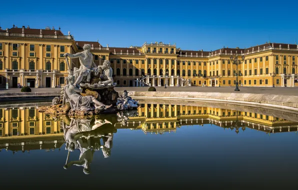 Вода, отражение, Австрия, фонтан, скульптура, дворец, Austria, Вена