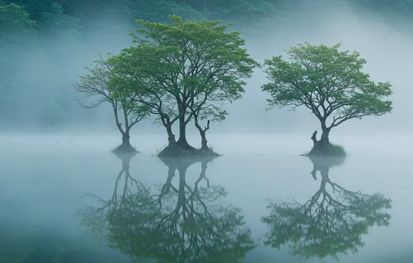 Лес, вода, деревья, туман, весна, утро, forest, trees