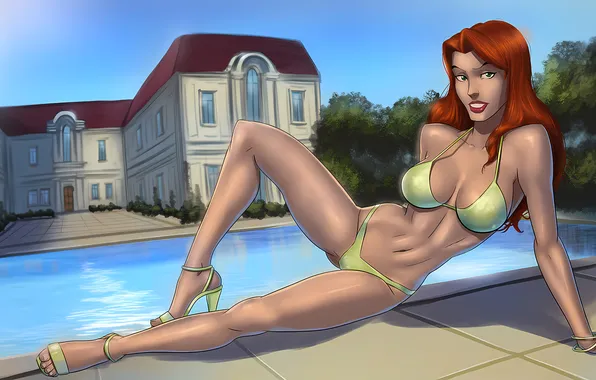 Girl, sexy, pool, cleavage, red hair, green eyes, long hair, X-Men