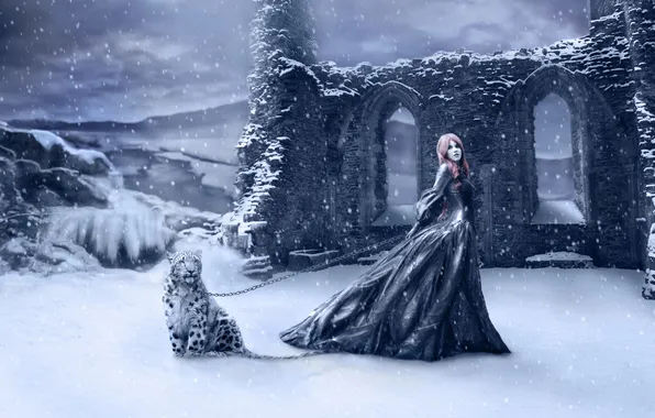 Картинка девушка, снег, горы, тучи, цепь, развалены, барс