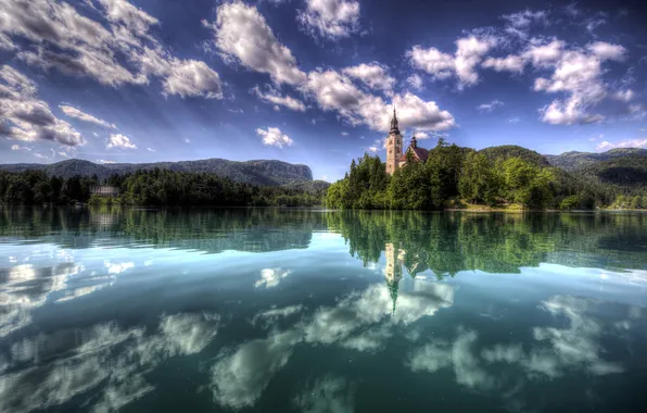 Облака, озеро, отражение, Словения, Bled Island