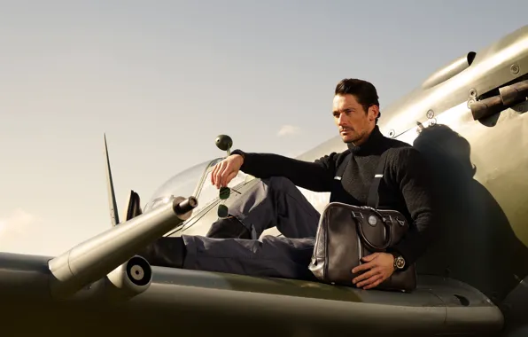 Стиль, самолет, мужчина, сумка, David Gandy, крыло самолета