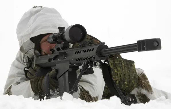 Снег, прицел, целится, снайперская винтовка, баррет, barret, стрелок