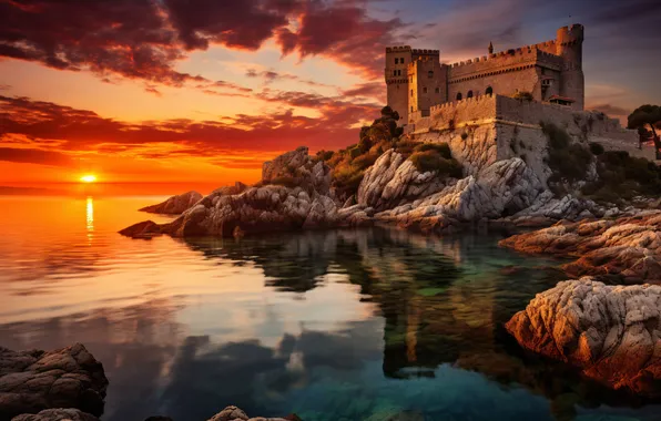 Картинка море, небо, закат, тучи, замок, скалы, landscape, sunset