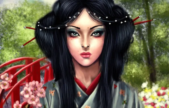 Взгляд, деревья, лицо, волосы, макияж, арт, гейша, кимоно