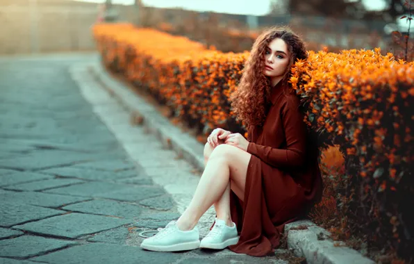 Взгляд, девушка, цветы, природа, поза, ноги, плитка, руки