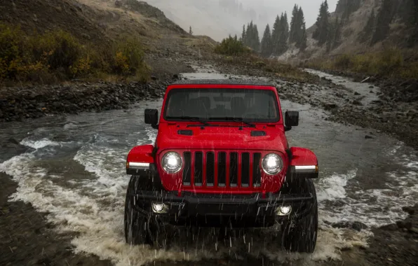 Красный, ручей, дождь, передок, 2018, Jeep, Wrangler Rubicon