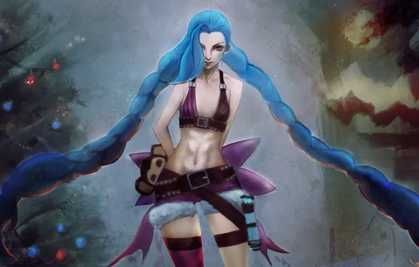 Девушка, арт, косички, ёлка, League of Legends, LoL, Jinx