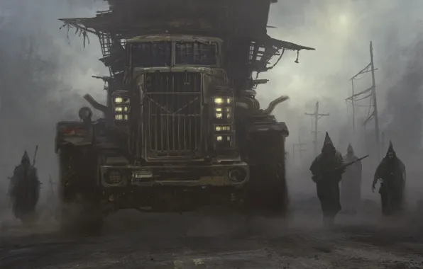 Дорога, туман, люди, автомобиль, Post-apocalyptic inquisition