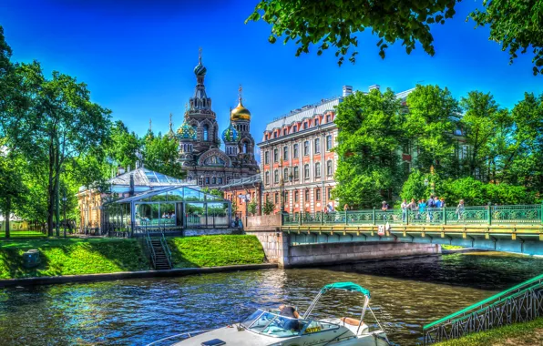 Картинка деревья, мост, река, дома, обработка, Санкт-Петербург, церковь, канал