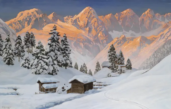Картинка снег, пейзаж, горы, елка, Альпы, золотой, Alois Arnegger, .Зима
