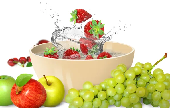 Картинка вода, брызги, яблоки, клубника, фрукты, fresh, water, grape