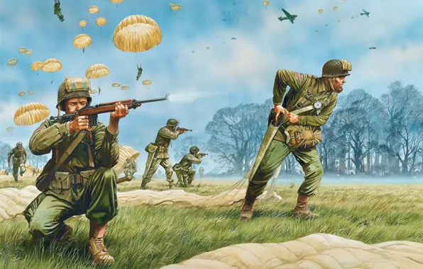 Картинка трава, деревья, оружие, рисунок, арт, солдаты, США, экипировка