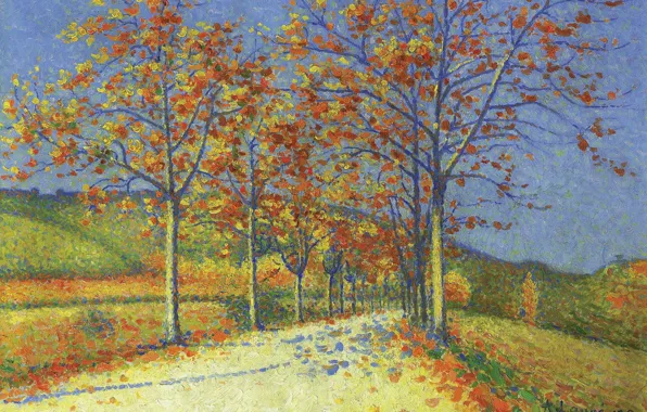 Картинка пейзаж, картина, Achille Lauge, Ашиль Ложе, Дорога с Миндальными Деревьями Осенью