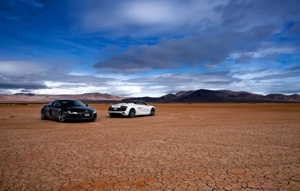 Картинка белый, небо, чёрный, пустыня, вечер, R8 Spyder, AUDI R8