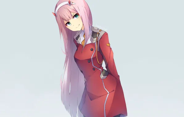 Девушка, серый фон, длинные волосы, рожки, 002, Darling In The Frankxx, Милый во Франксе, Zero …