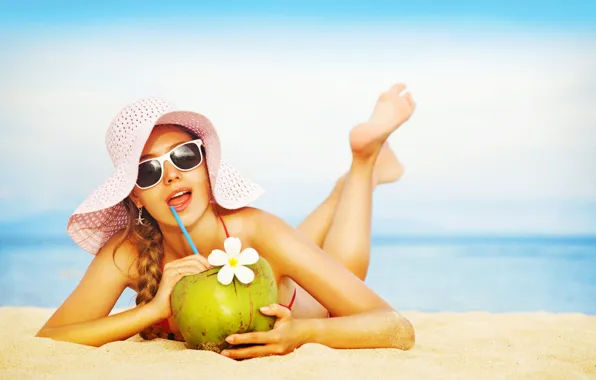 Girl, hat, model, cocktail, glasses, cute, coconut